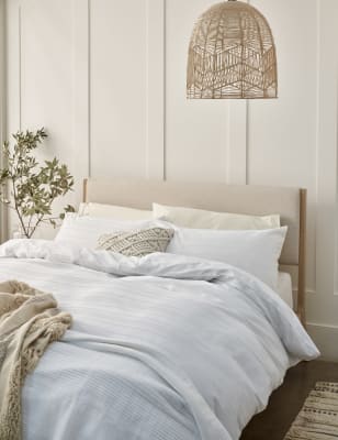 M&S Cotton Blend Waffle Stripe Bedding Set - DBL - White, White