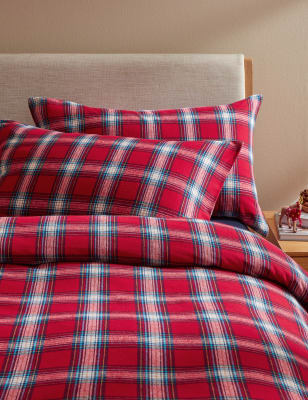 Pure Brushed Cotton Checked Christmas Bedding Set - HU