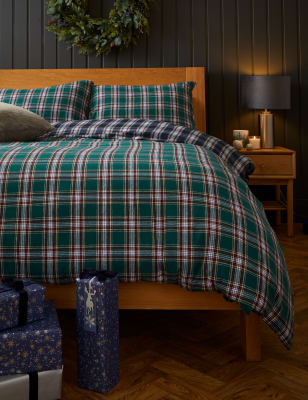 

M&S Collection Pure Brushed Cotton Woven Checked Bedding Set - Green Mix, Green Mix