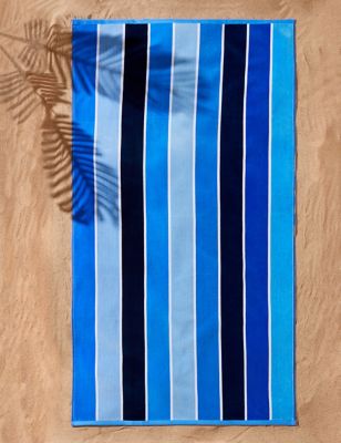 Serviette de plage 100 % coton à rayures, résistante au sable - Bleu Assorti