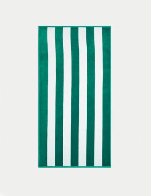 M&S Pure Cotton Striped Sand Resistant Beach Towel - Dark Green, Dark Green,Powder Blue,Navy,Ochre,S