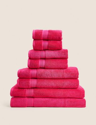 M&S Set of 2 Super Soft Pure Cotton Towels - 2HAND - Raspberry, Raspberry,Duck Egg,Teal,Midnight,Moc