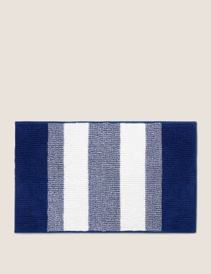 Tapis de bain en tissu bouclé à rayures, séchage rapide - Bleu Marine