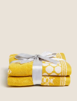 Lot de 2 serviettes 100 % coton à motif abeilles ruché - Ocre