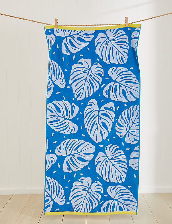 מגבת חוף מכותנה טהורה עם הדפס עלים טרופיים - IL