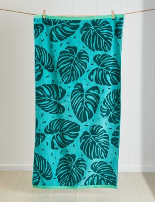 M&S Pure Cotton Tropical Leaf Beach Towel - Green Mix, Green Mix