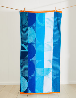 

M&S Collection Strandtuch aus reiner Baumwolle mit geometrischem Muster - Blau Melange, Blau Melange