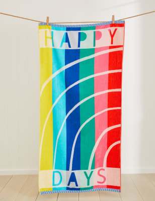 Serviette de plage 100&nbsp;% coton avec texte «&nbsp;Happy Days&nbsp;» - FR