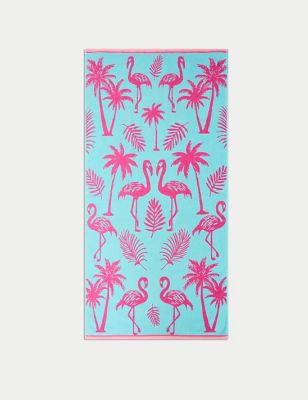 M&S Pure Cotton Flamingo Beach Towel - Teal Mix, Teal Mix