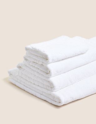 M&S Pure Cotton Linear Floral Towel - BATH - White, White,Sage