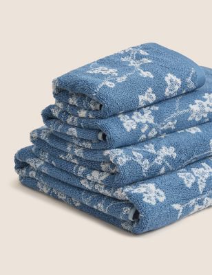 M&S Super Soft Pure Cotton Floral Jacquard Towel - GUEST - Light Blue, Light Blue,Mauve