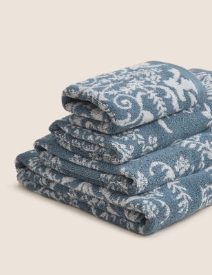M&S Pure Cotton Damask Jacquard Towel - BATH - Blue Mix, Blue Mix,Grey Mix