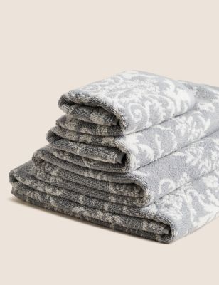 M&S Pure Cotton Damask Jacquard Towel - BATH - Grey Mix, Grey Mix