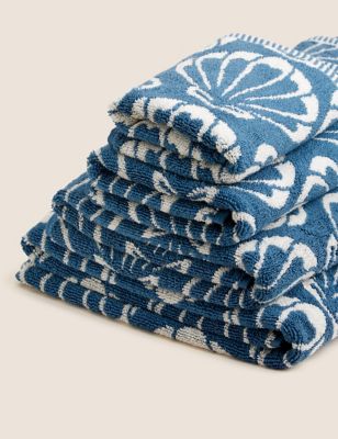 M&S Pure Cotton Shell Jacquard Towel - GUEST - Blue, Blue