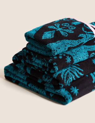 M&S Pure Cotton Leopard Jacquard Towel - EXL - Teal Mix, Teal Mix