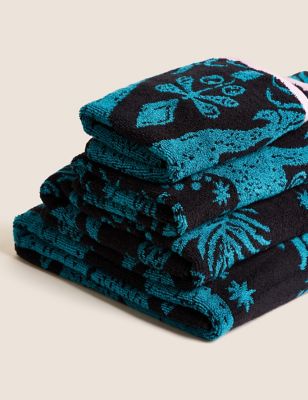 M&S Pure Cotton Leopard Jacquard Towel - HAND - Teal Mix, Teal Mix