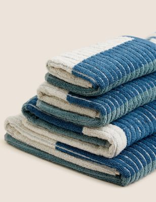M&S Pure Cotton Ribbed Geometric Towel - EXL - Blue Mix, Blue Mix