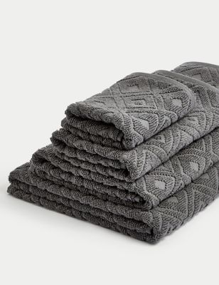 M&S Pure Cotton Geometric Towel - GUEST - Charcoal, Charcoal,Natural,Clay,Ochre