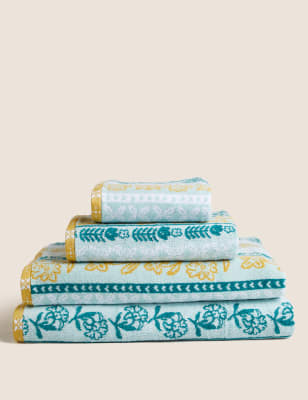 

M&S Collection Handtuch aus reiner Baumwolle mit Blumenmuster - Green Mix, Green Mix