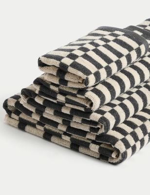 M&S Pure Cotton Geometric Towel - GUEST - Charcoal, Charcoal,Dark Ochre,Forest Green,Powder Blue,Cla