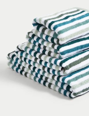 M&S Pure Cotton Striped Towel - EXL - Green, Green,Blue