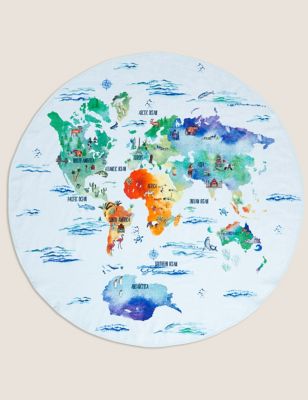 Serviette ronde 100 % coton à motif carte du monde - Bleu Assorti