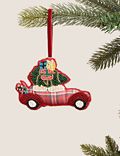 Hangende kerstboomversiering met auto met Schotse ruit