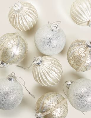 

9 Pack Silver Glass Baubles, Silver