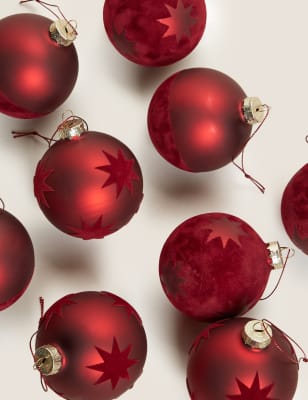 

9 Pack Red Glass and Velvet Luxury Baubles, Red