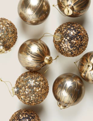 

9 Pack Gold Glass Sequin Baubles, Gold