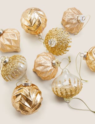 

9 Pack Glitter Glass Baubles - Gold, Gold