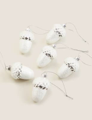 

6 Pack Silver Glitter Glass Acorn Baubles, Silver