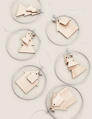 

6 Pack Wooden Hanging Decorations - Silver, Silver