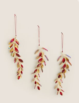 

3 Pack Red Jewelled Leaf Tree Decorations, Red