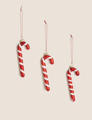 

3 Pack Glass Candy Cane Decorations - Red, Red
