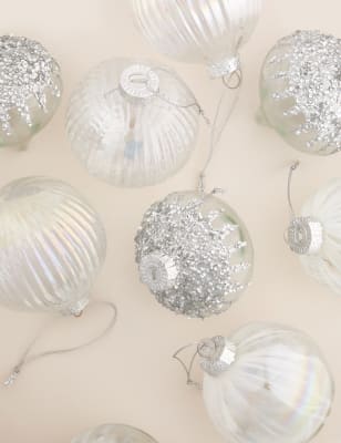 

M&S Collection 9pk Glass Iridescent Glitter Baubles - Silver Mix, Silver Mix