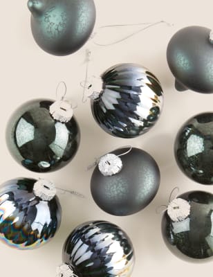 

M&S Collection 9pk Green Glass Baubles - Teal Mix, Teal Mix