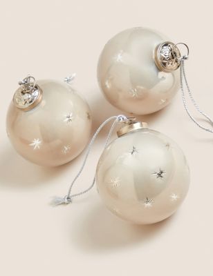 

M&S Collection 3pk Glass Hanging Etched Star Baubles - Grey Mix, Grey Mix