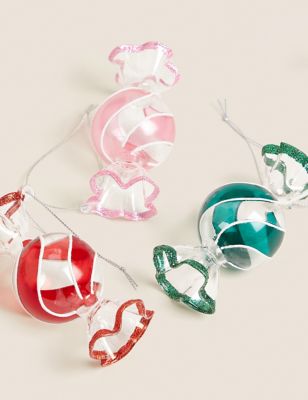 

M&S Collection 3pk Multicoloured Glass Sweetie Baubles, Multi