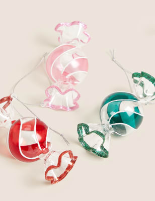 

M&S Collection 3pk Multicoloured Glass Sweetie Baubles, Multi