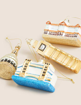 

M&S Collection 4pk Glitter Glass Hanging London Decorations - Multi, Multi