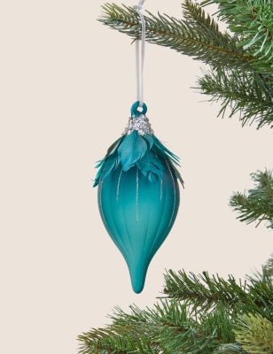 

M&S Collection Feather Embellished Glass Bauble - Teal, Teal