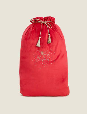 

M&S Collection Velvet Embroidered Merry Christmas Sack, Red