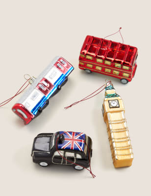 

4 Pack Glass London Tree Decorations - Multi, Multi