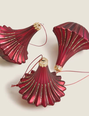 

3 Pack Red Glass Fan Baubles, Red