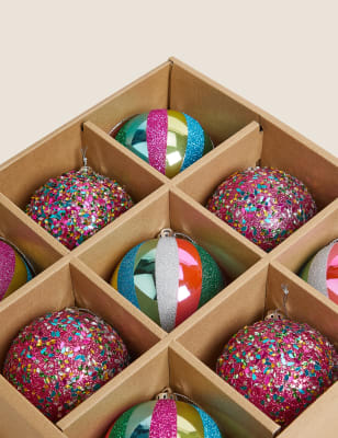 

9 Pack Stripe Glitter Baubles - Multi, Multi