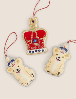 

3 Pack Hanging Crown & Corgis Decorations - Multi, Multi