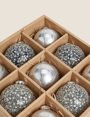 

9 Pack Charcoal Glass Baubles, Charcoal