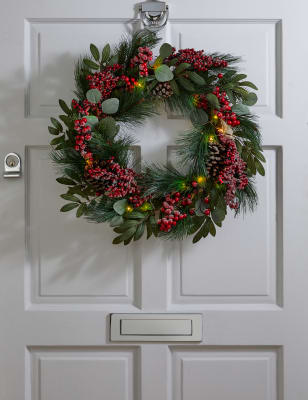 

M&S Collection Pre-Lit Pine Cone Wreath - Red Mix, Red Mix