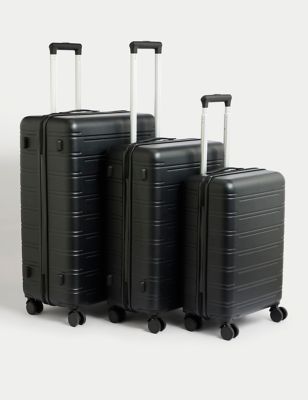 M&S Set of 3 Prague 4 Wheel Hard Shell Suitcases - Black, Black